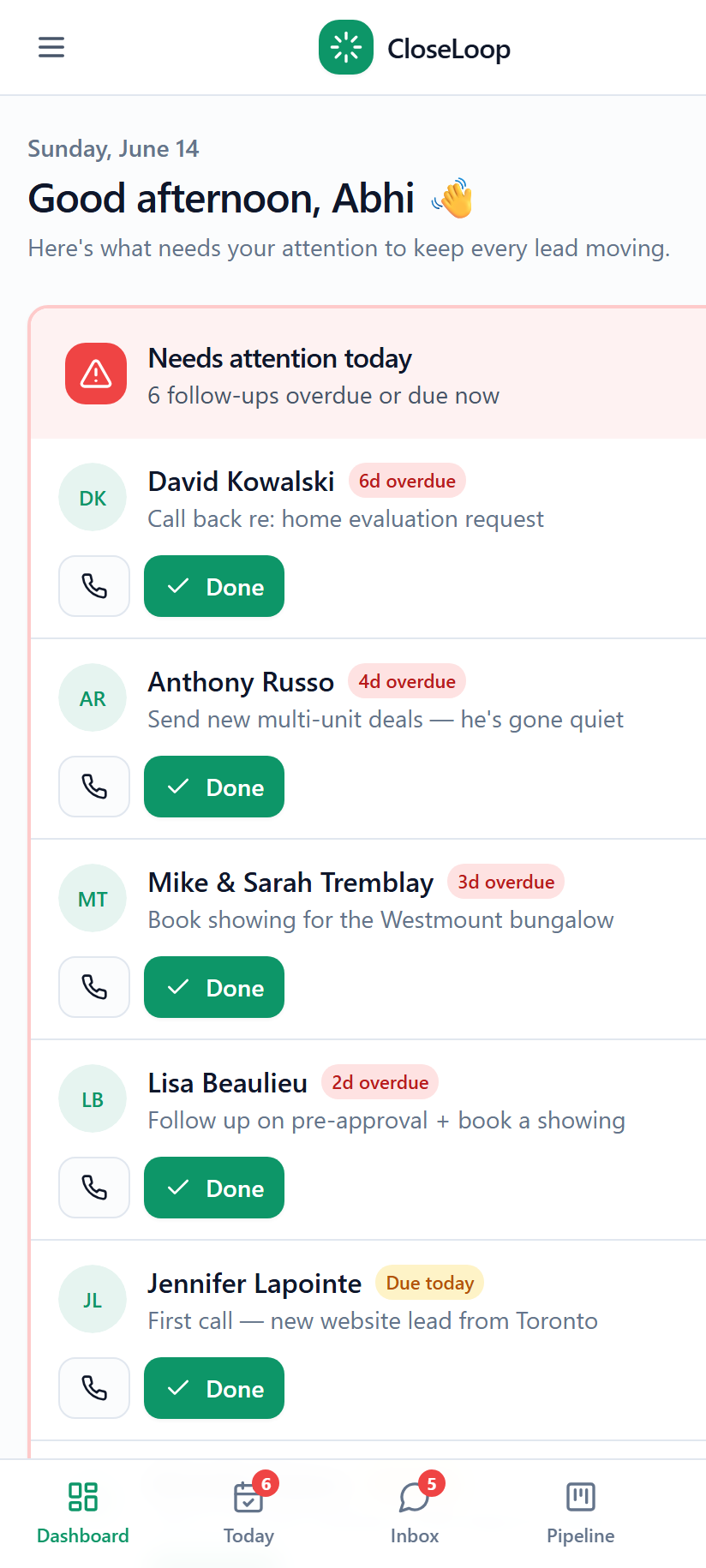 CloseLoop CRM dashboard showing overdue follow-ups